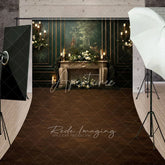 Aperturee - Aperturee Elegant Vintage Fireplace Sweep Backdrop Dark Green Mural Wall with Candles Moody Romantic Photo Floor Drop